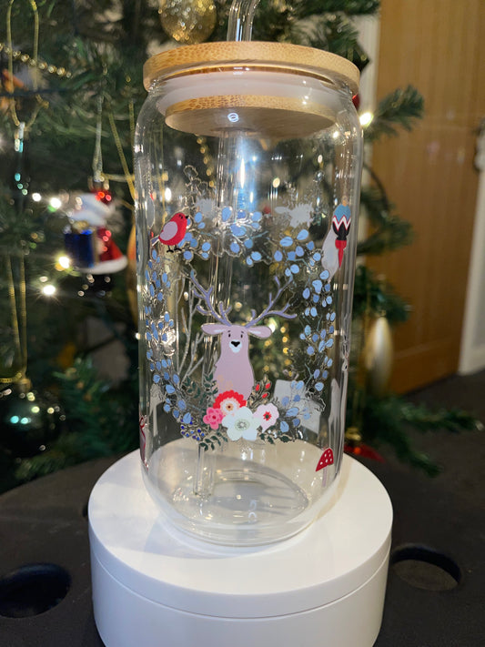 Beautiful Christmas Reindeer designed can shaped glass drinking cup