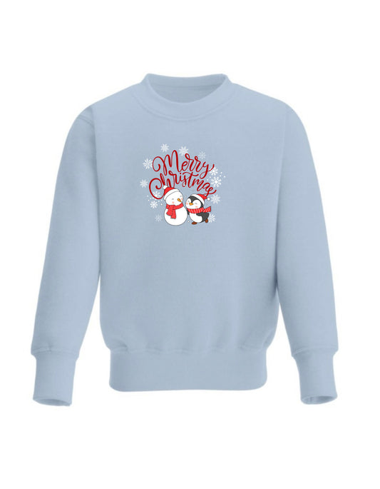 Kid’s Crew Neck Fleece Sweatshirt, Merry Christmas with snowman and Penguin