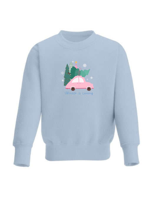 Kid’s Crew Neck Fleece Sweatshirt with cute Pink car Christmas design, winter is coming