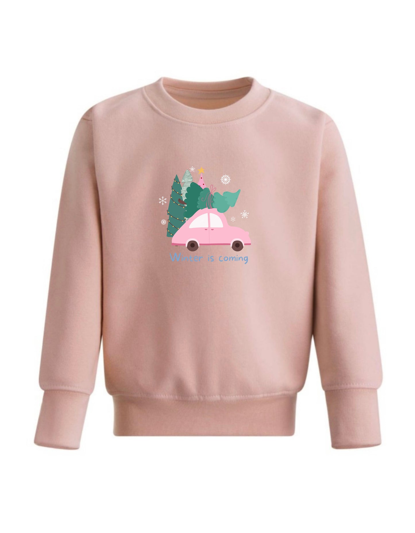 Kid’s Crew Neck Fleece Sweatshirt with cute Pink car Christmas design, winter is coming