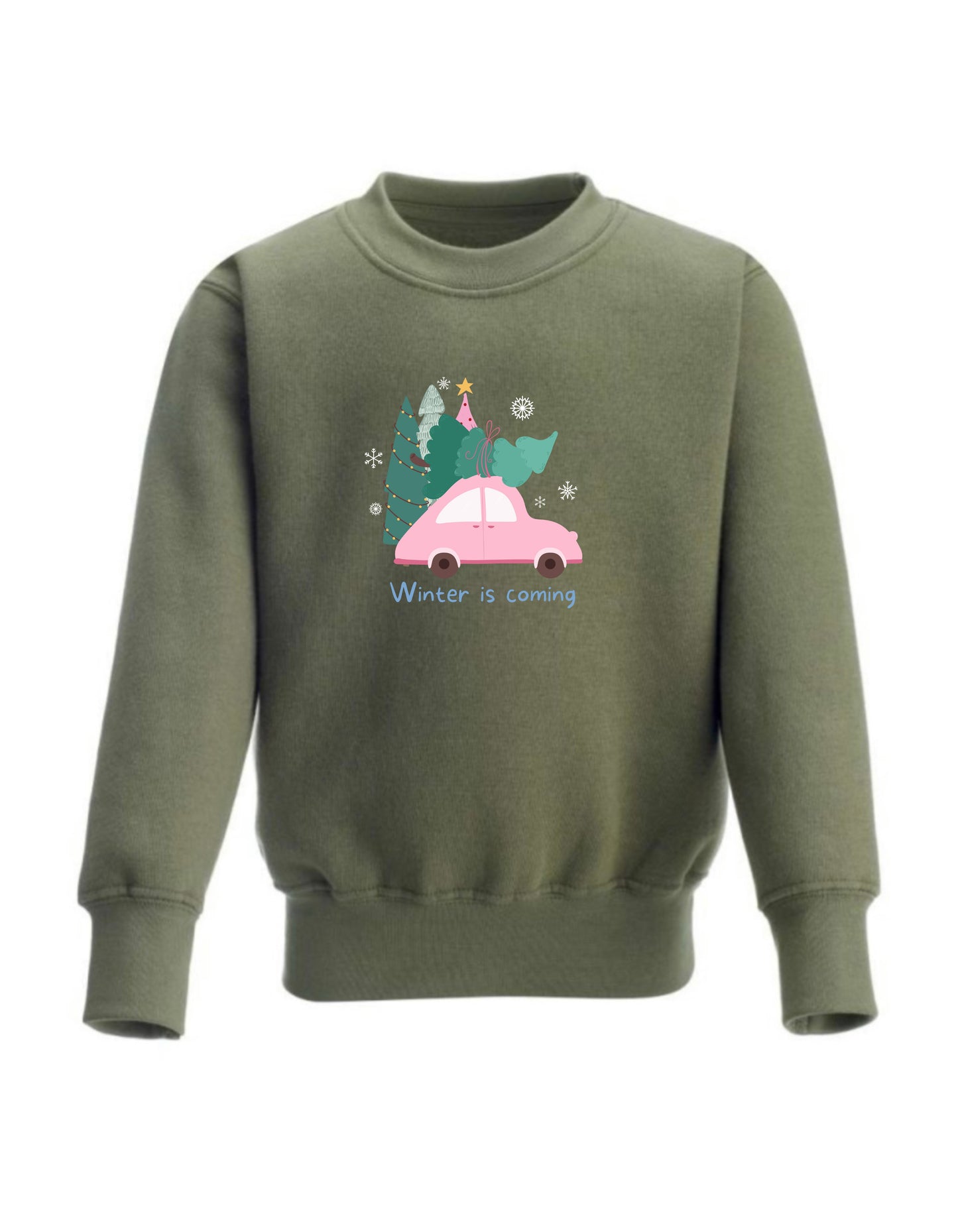 Kid’s Crew Neck Fleece Sweatshirt with cute Pink car Christmas design, winter is coming