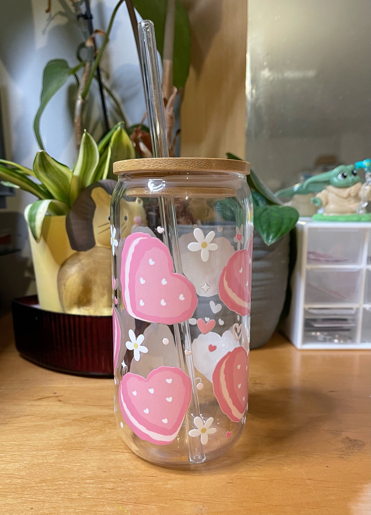 Cute pink heart cookie designed can shaped drinking cup/Libby cup/ beer can glass/ Valentine’s Day