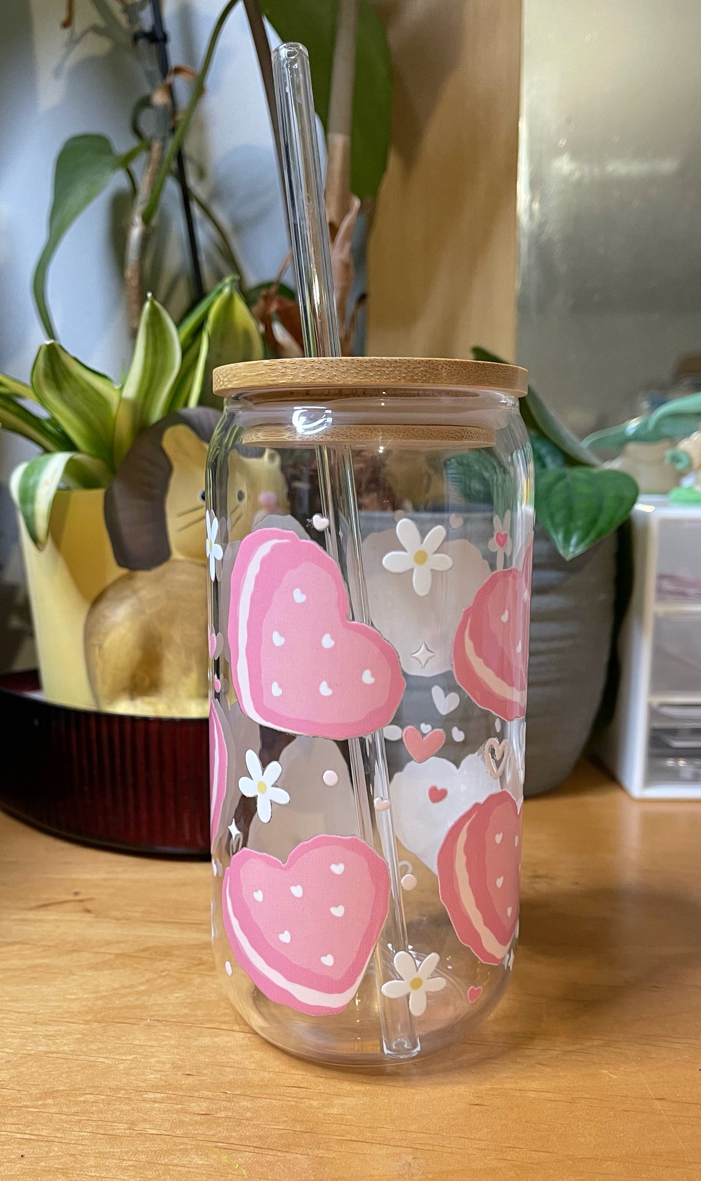 Cute pink heart cookie designed can shaped drinking cup/Libby cup/ beer can glass/ Valentine’s Day