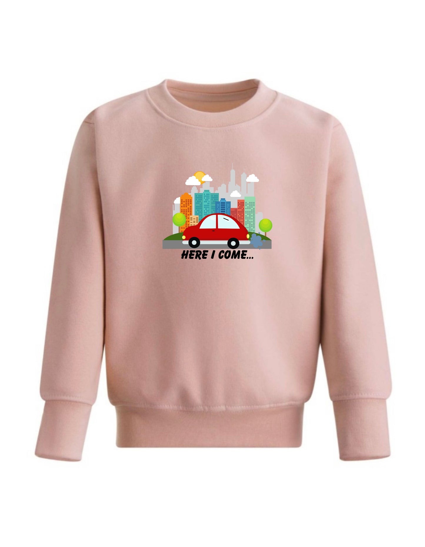 Kid’s Crew Neck Fleece cute Car designed sweatshirt, Here I come