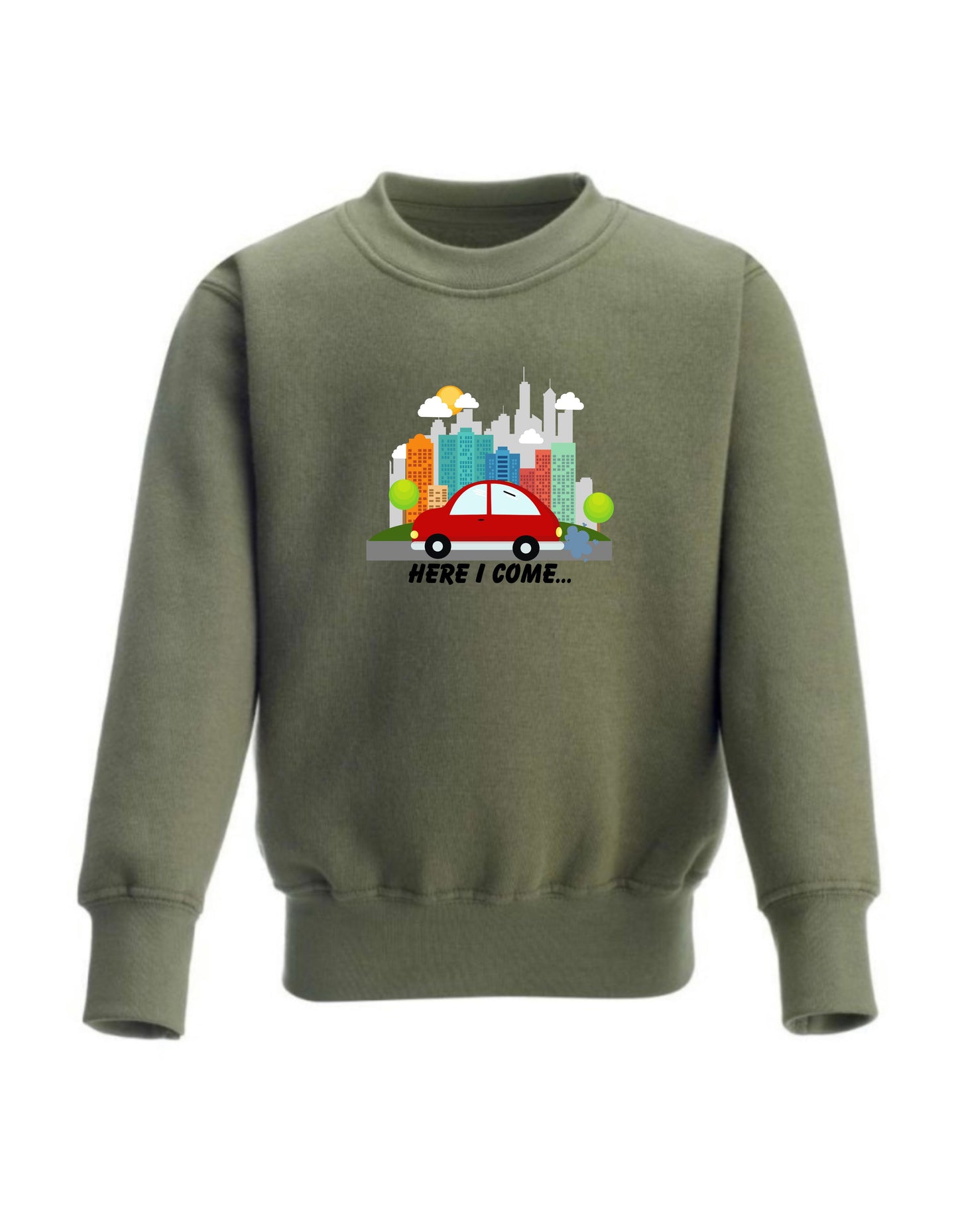 Kid’s Crew Neck Fleece cute Car designed sweatshirt, Here I come