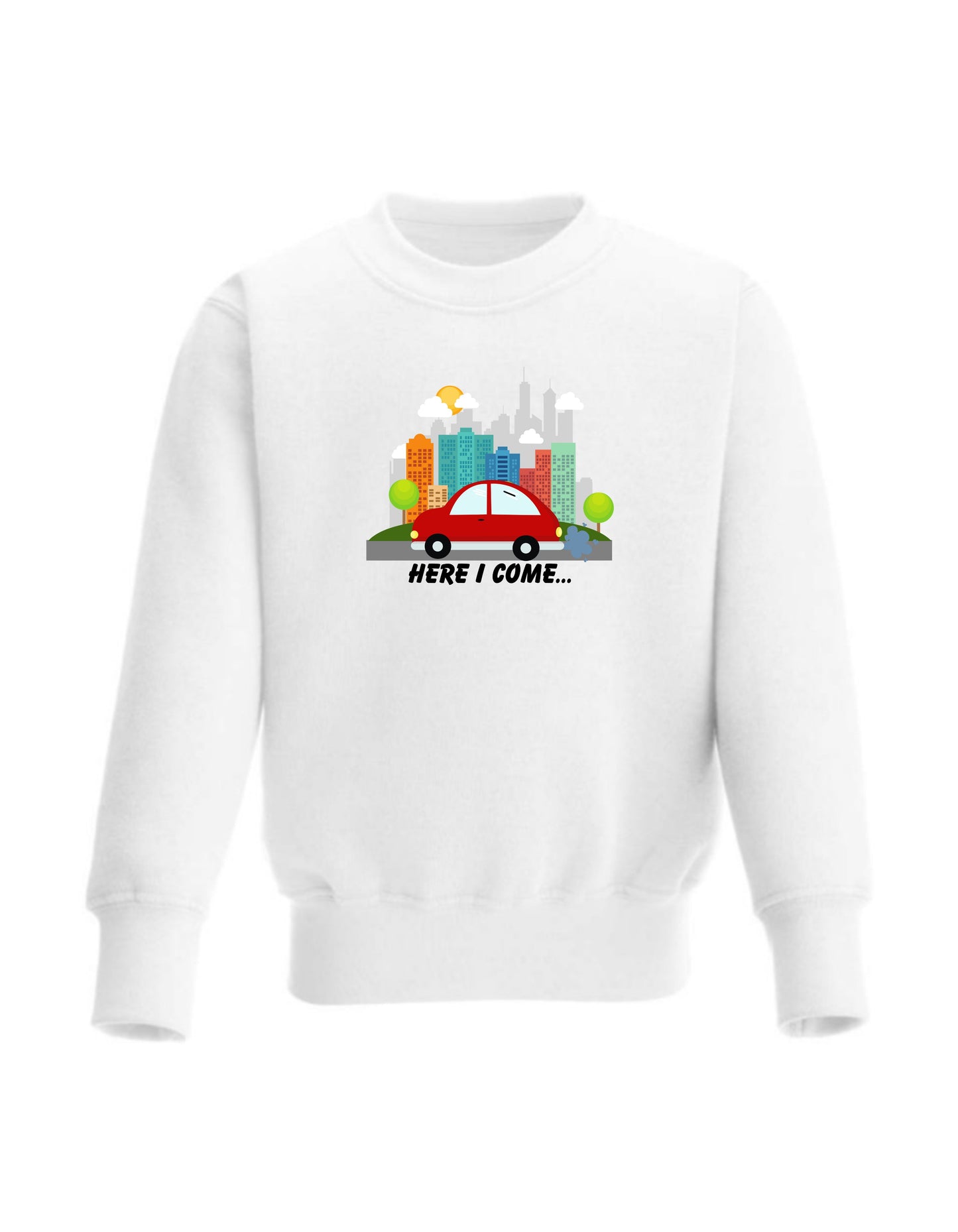 Kid’s Crew Neck Fleece cute Car designed sweatshirt, Here I come