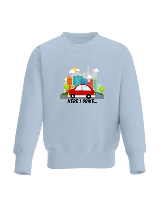 Kid’s Crew Neck Fleece cute Car designed sweatshirt, Here I come