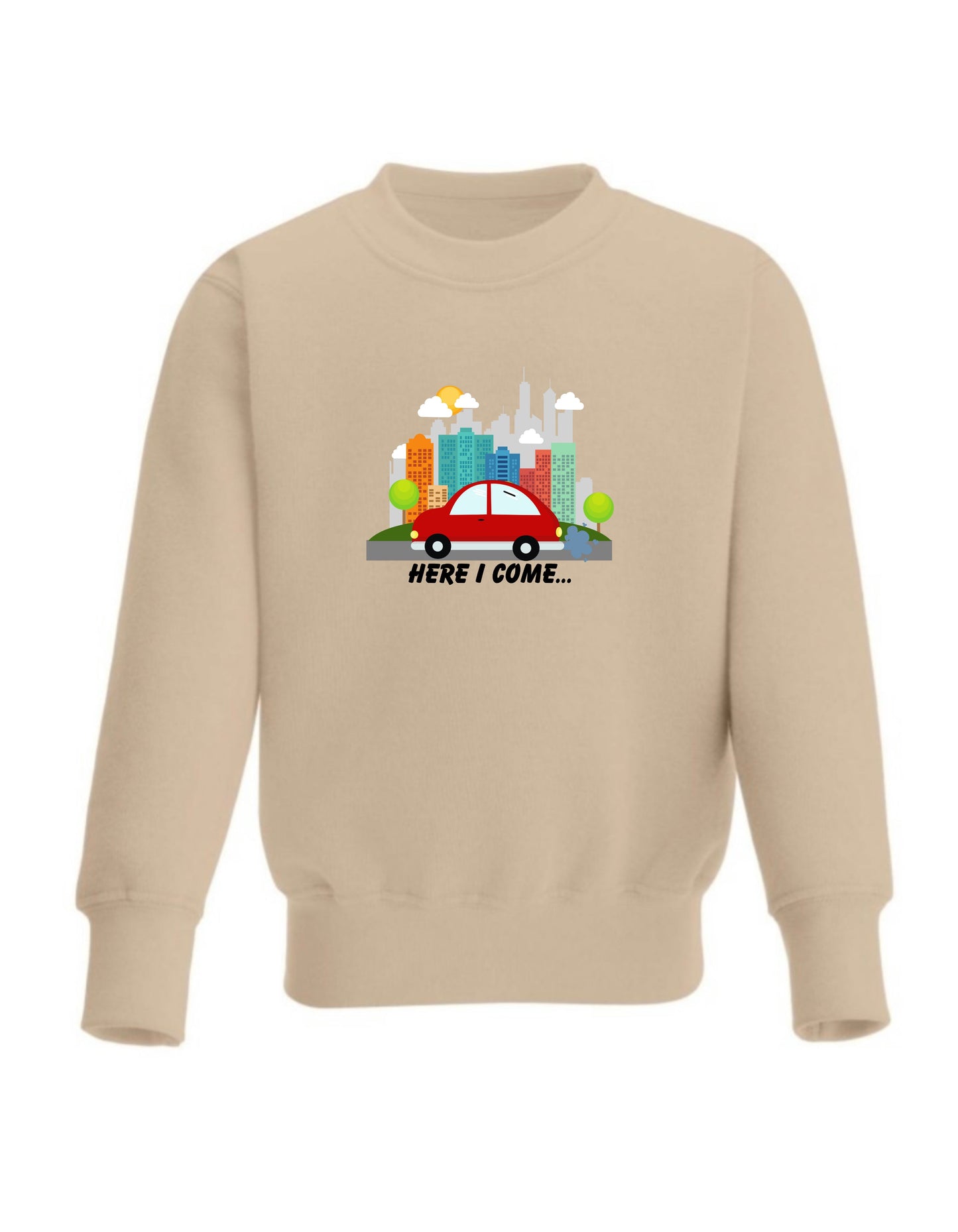 Kid’s Crew Neck Fleece cute Car designed sweatshirt, Here I come